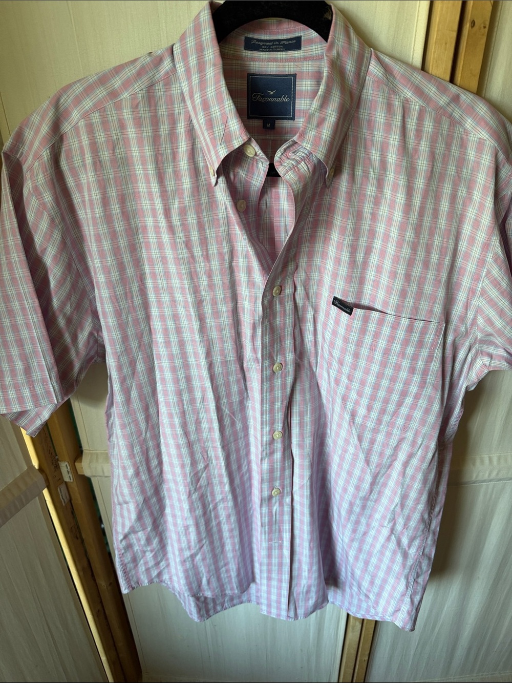 Faconnable Pink and White Plaid Short-Sleeve Button-Down Shirt
